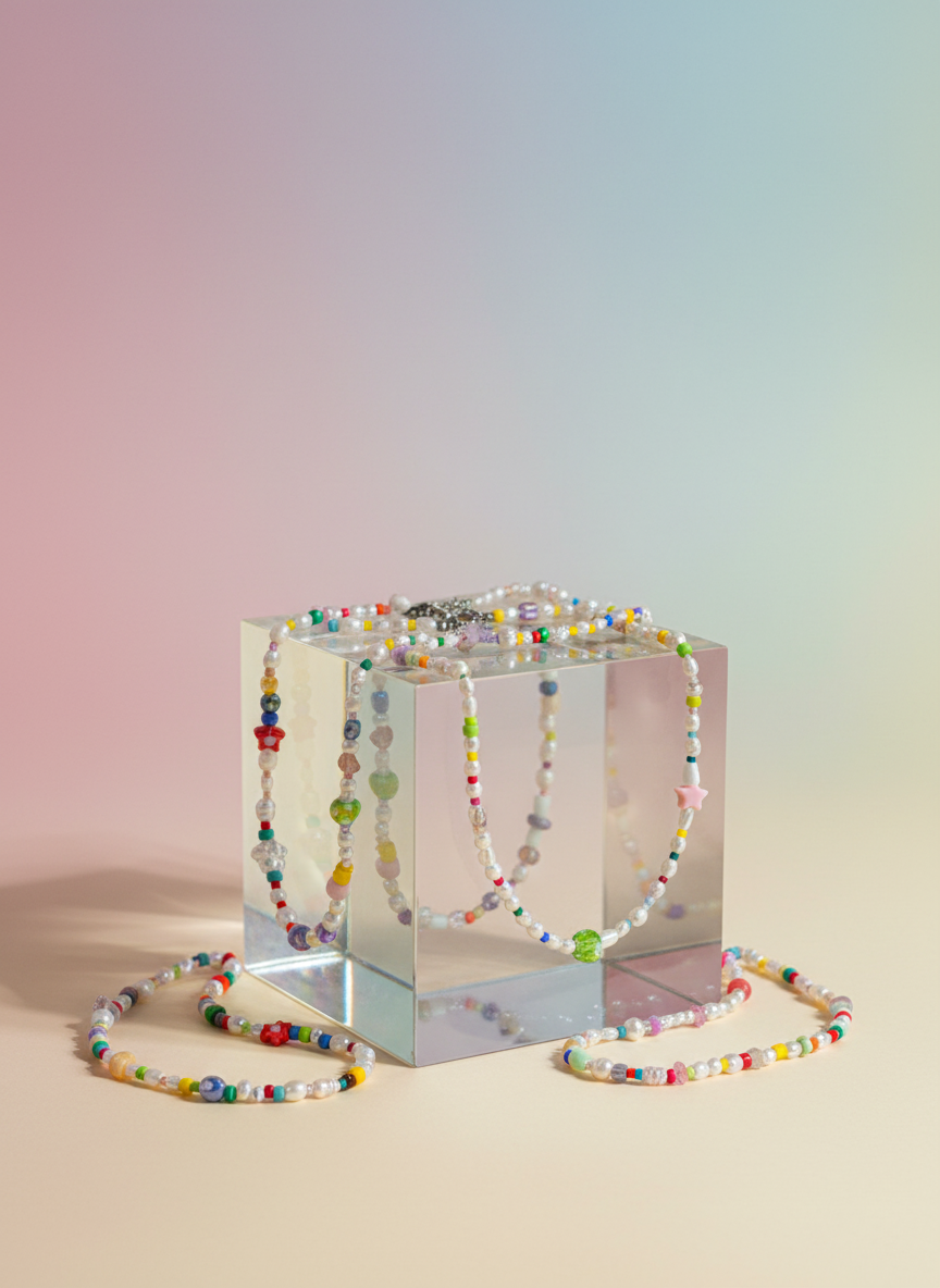 Colourful necklaces, each with its own mix of beads